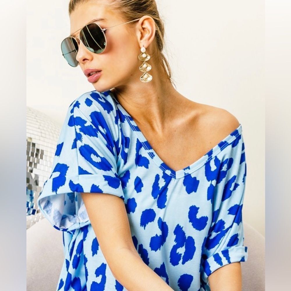 NEW! Leopard V-Neck Top in Sky Blue/Royal